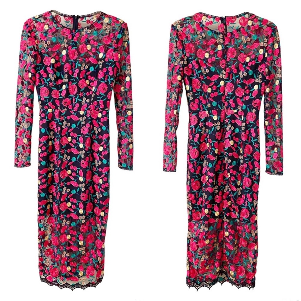 Dress the Population Sophia Floral Lace Midi Dress - Navy Pink and Black